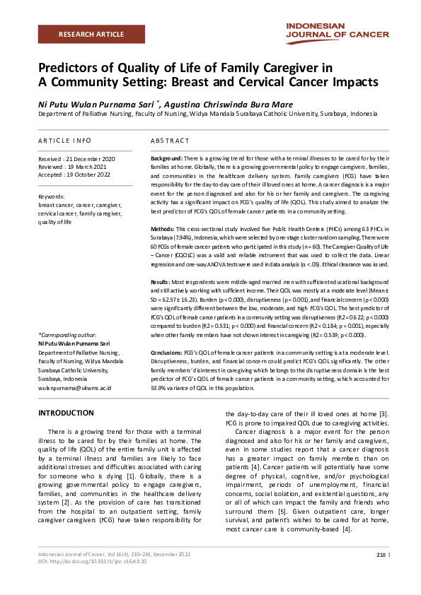 (PDF) Predictors of Quality of Life of Family Caregiver in A Community ...