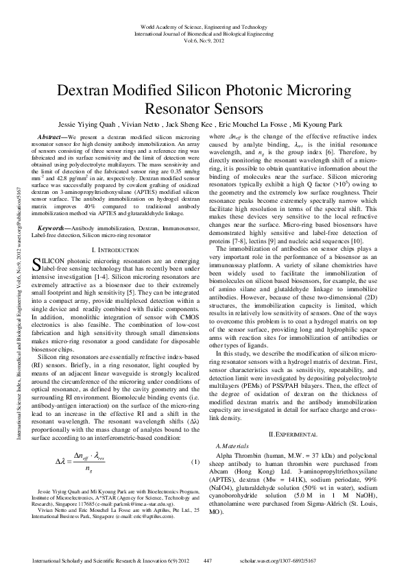 (PDF) Dextran Modified Silicon Photonic Microring Resonator Sensors
