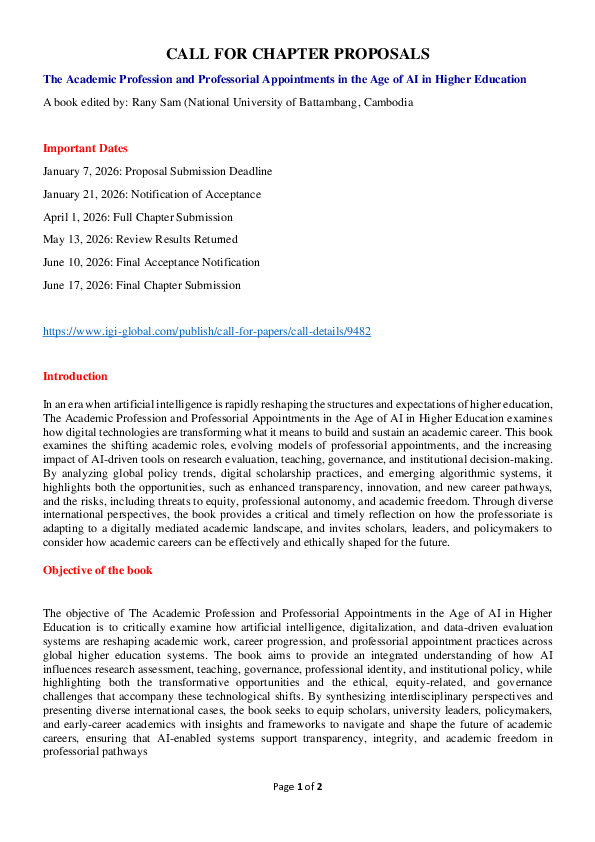 (PDF) CALL FOR CHAPTER PROPOSALS The Academic Profession and ...
