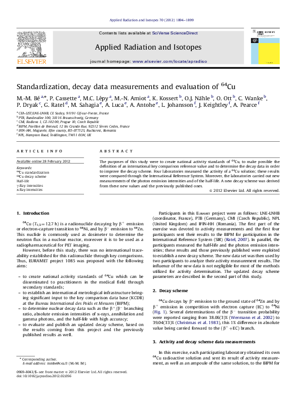 (PDF) Standardization, decay data measurements and evaluation of 64Cu