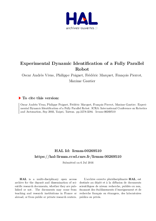 (PDF) Experimental dynamic identification of a fully parallel robot