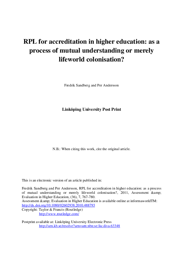 (PDF) RPL for accreditation in higher education – As a process of ...