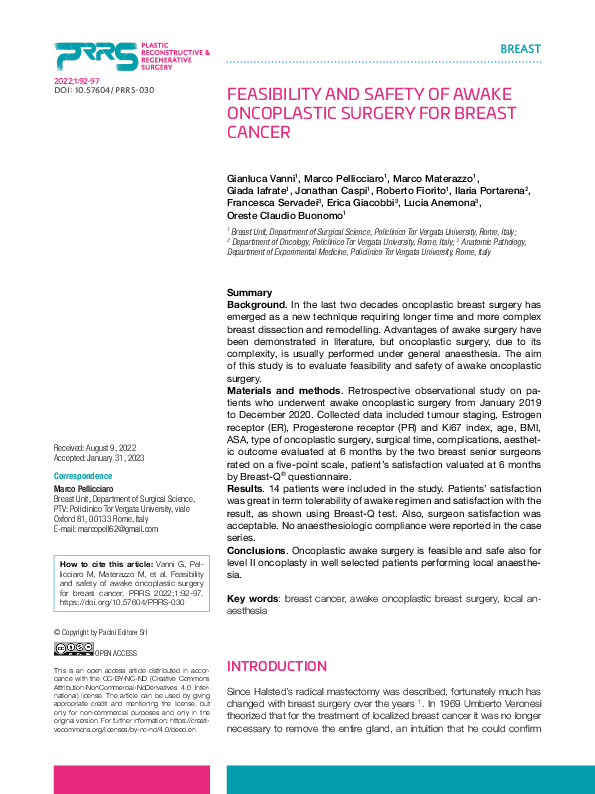 (PDF) Feasibility and Safety of Awake Oncoplastic Surgery for Breast Cancer