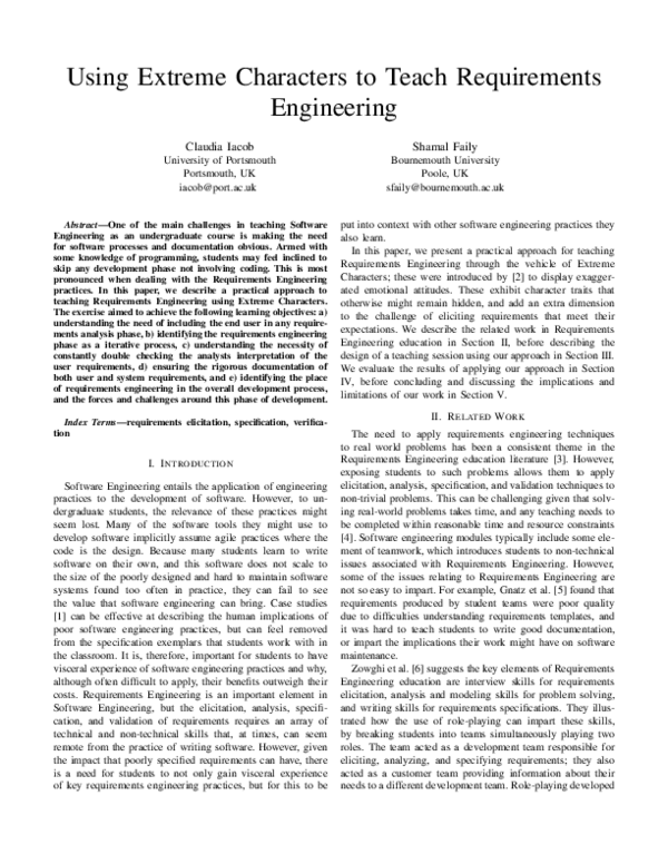(PDF) Using Extreme Characters to Teach Requirements Engineering