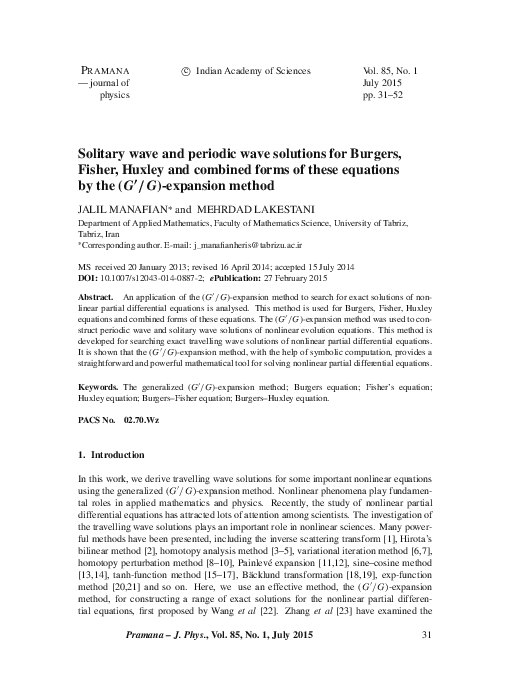 (PDF) Solitary wave and periodic wave solutions for Burgers, Fisher ...