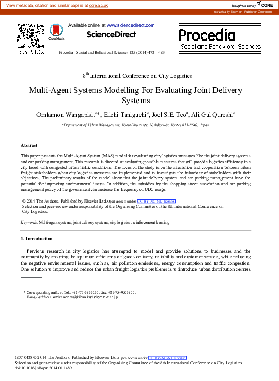 (PDF) Multi-agent Systems Modelling for Evaluating Joint Delivery Systems