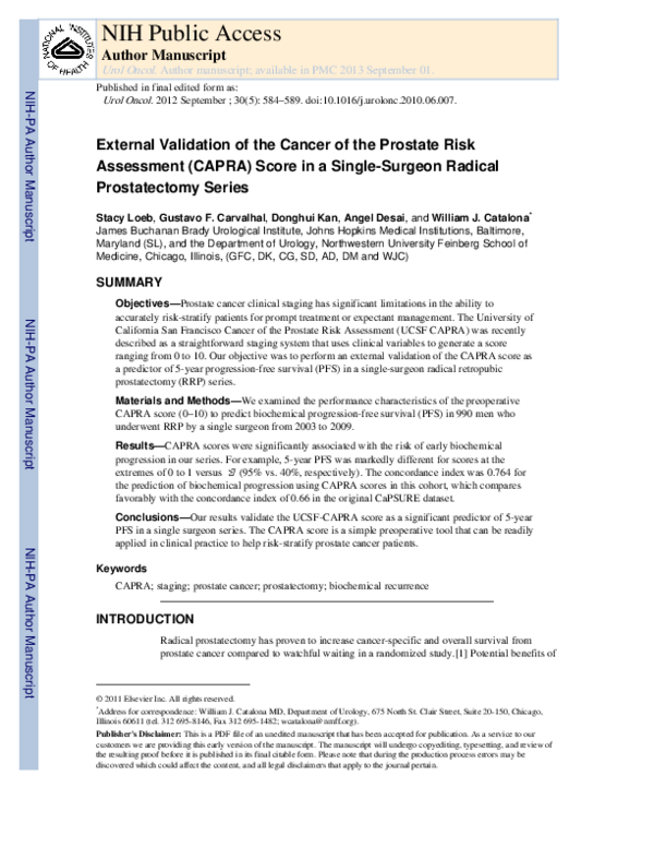 (PDF) External validation of the cancer of the prostate risk assessment ...