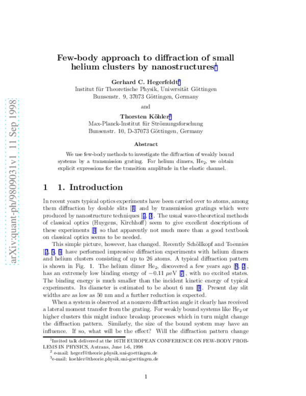 (PDF) Few-Body Approach to Diffraction of Small Helium Clusters by ...