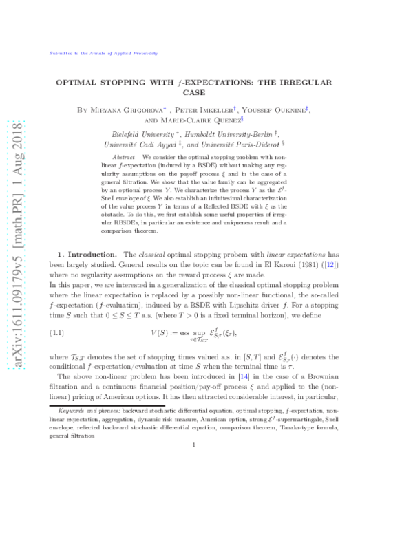 (PDF) Optimal stopping with f -expectations: the irregular case