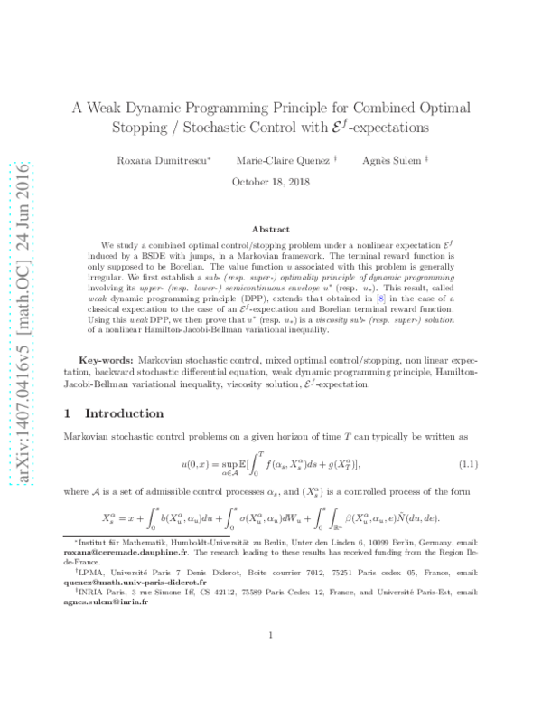 (PDF) Dynamic Programming Principle for Combined Optimal Stopping and ...