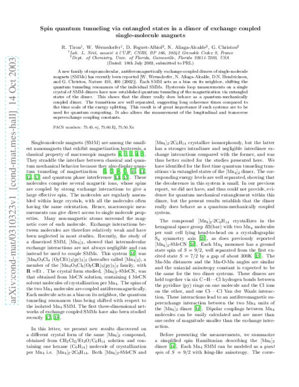 (PDF) Spin Quantum Tunneling via Entangled States in a Dimer of ...