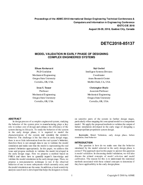 (PDF) Model Validation in Early Phase of Designing Complex Engineered ...