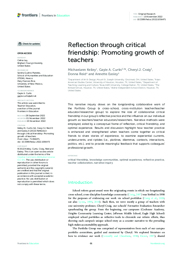 (PDF) Reflection through critical friendship: Promoting growth of teachers