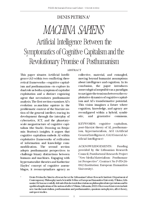 (PDF) Machina Sapiens: Artificial Intelligence Between the Symptomatics ...