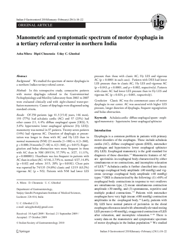 (PDF) Manometric and symptomatic spectrum of motor dysphagia in a ...