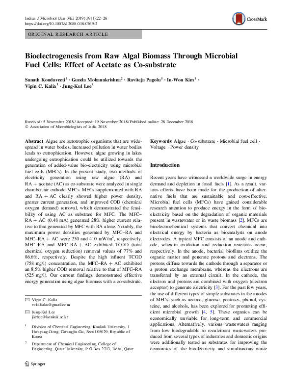 (PDF) Bioelectrogenesis from Raw Algal Biomass Through Microbial Fuel ...