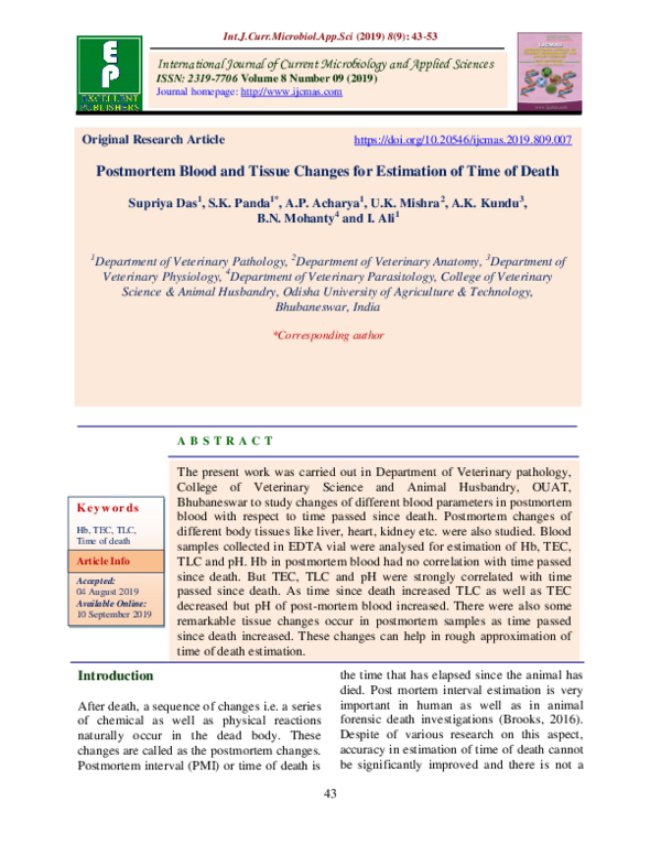 (PDF) Postmortem Blood and Tissue Changes for Estimation of Time of Death