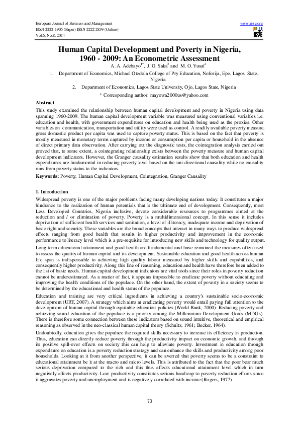 (PDF) Human Capital Development and Poverty in Nigeria, 1960 - 2009: An ...