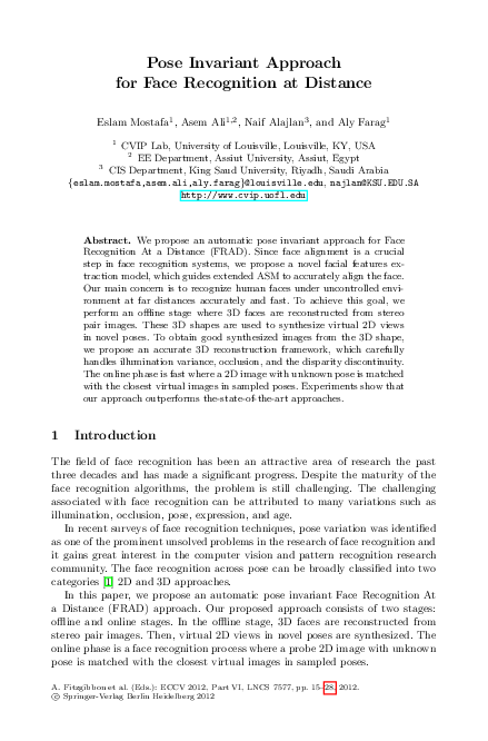 (PDF) Pose Invariant Approach for Face Recognition at Distance