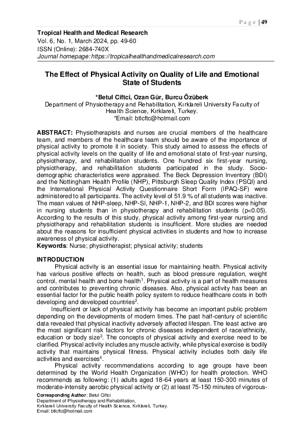 (PDF) The Effect of Physical Activity on Quality of Life and Emotional ...