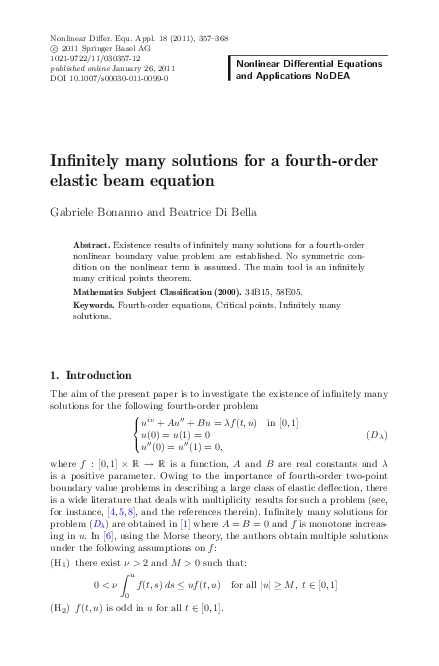 (PDF) Infinitely many solutions for a fourth-order elastic beam equation