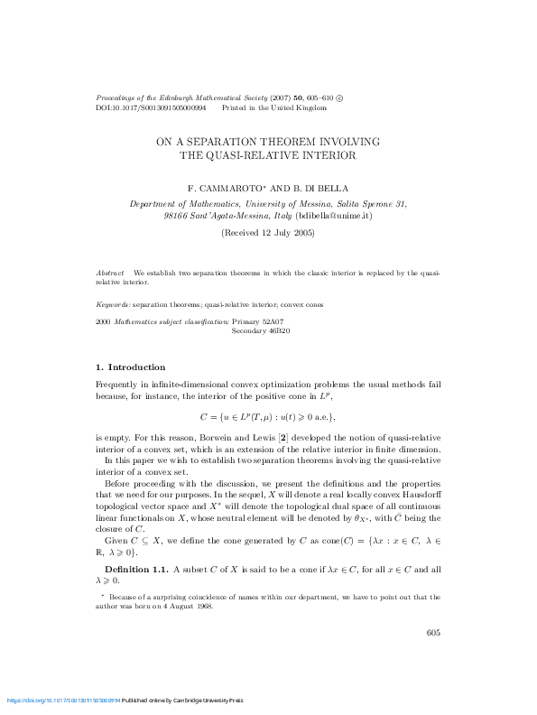 (PDF) On a Separation Theorem Involving the Quasi-Relative Interior