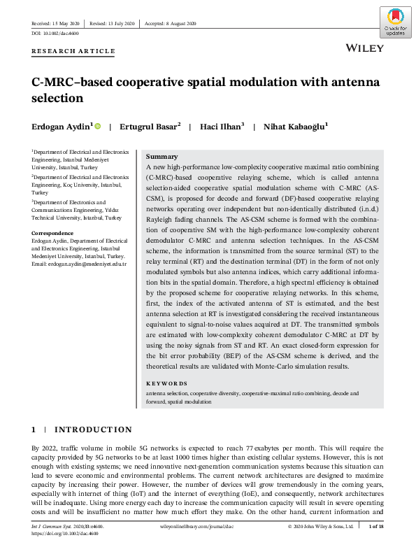 (PDF) C‐MRC–based cooperative spatial modulation with antenna selection