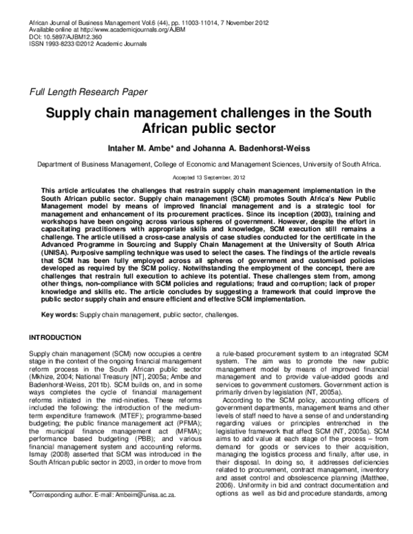(PDF) Supply chain management challenges in the South African public sector