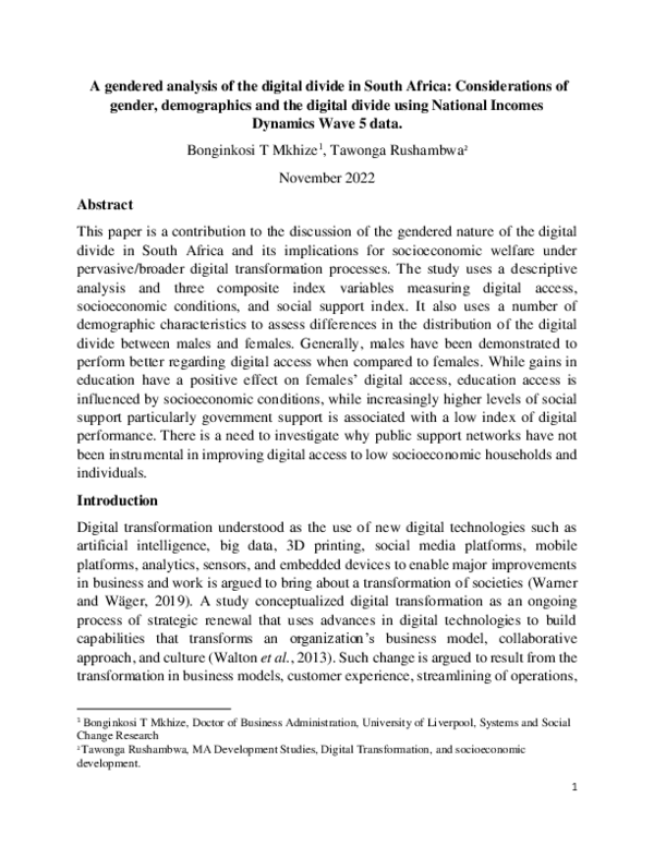 (PDF) A Gendered Analysis of the Digital Divide in South Africa ...