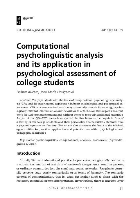 (PDF) Computational psycholinguistic analysis and its application in ...