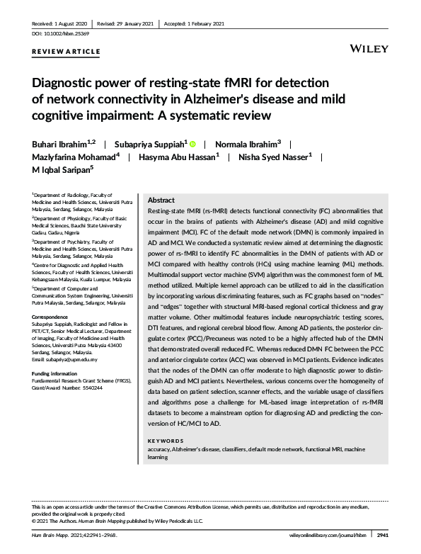 (PDF) Diagnostic power of resting‐state fMRI for detection of network ...