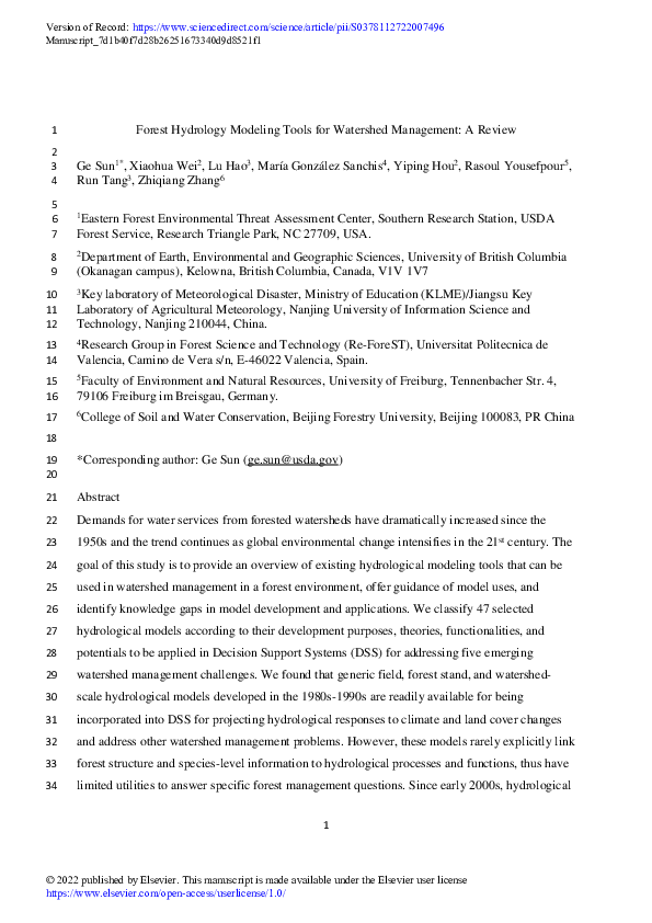 (PDF) Forest Hydrology Modeling Tools for Watershed Management: A Review