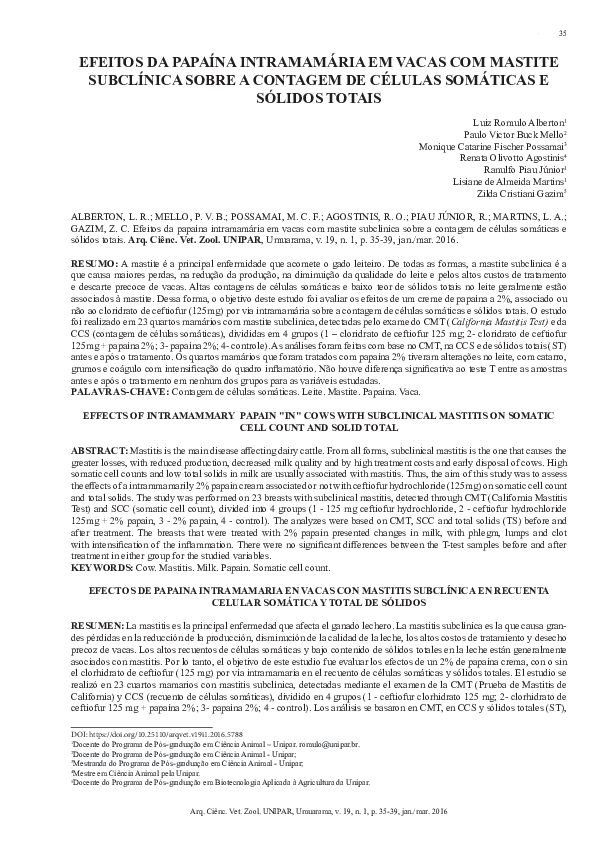 (PDF) Efeitos Da Papaína Intramamária Em Vacas Com Mastite Subclínica ...