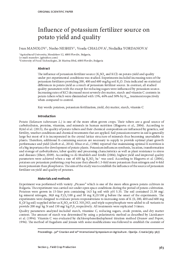 (PDF) Influence of potassium fertilizer source on potato yield and quality