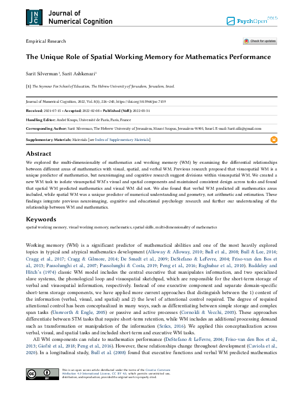 (PDF) The unique role of spatial working memory for mathematics performance