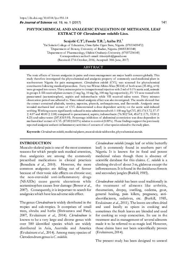 (PDF) Phytochemical and analgesic evaluation of methanol leaf extract ...