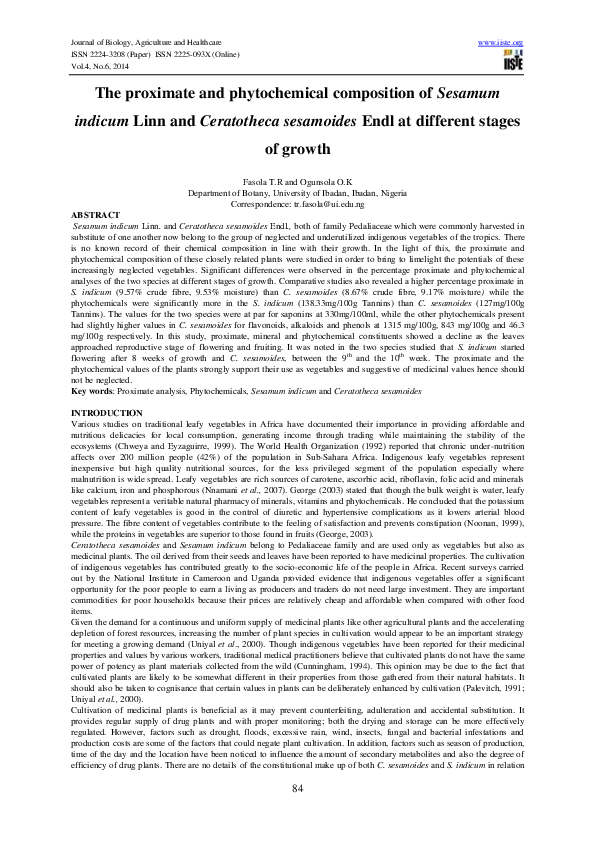 (PDF) The proximate and phytochemical composition of Sesamum indicum ...