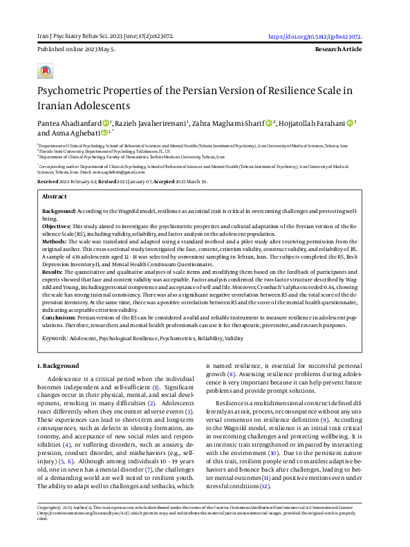 (PDF) Psychometric Properties of the Persian Version of Resilience ...
