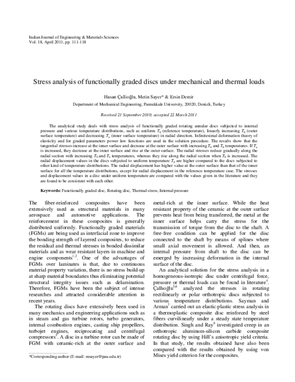 (PDF) Stress analysis of functionally graded discs under mechanical and ...