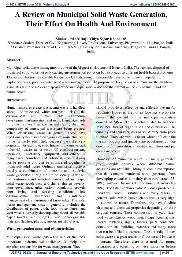 (PDF) Municipal solid waste generation and their effect on health and ...