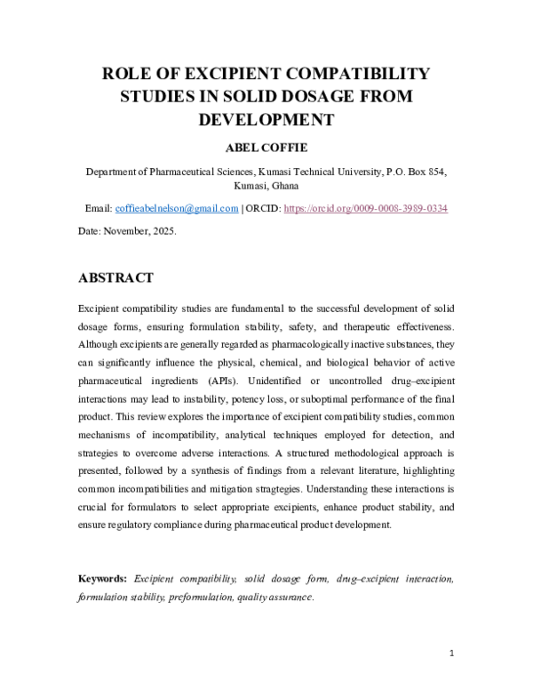 (PDF) Role Of Excipient Compatibility Studies in Solid Dosage Form ...