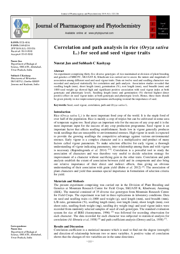 (PDF) Correlation and path analysis in rice (Oryza sativa L.) for seed ...
