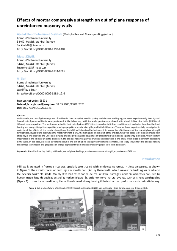 (PDF) Effects of mortar compressive strength on out of plane response ...