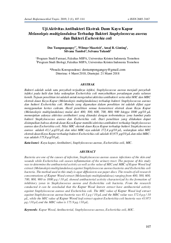 (PDF) Uji Aktivitas Antibakteri Ekstrak Daun Kayu Kapur Melanolepis ...