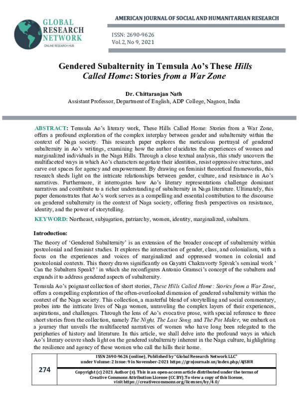 (PDF) Gendered Subalternity in Temsula Ao's These Hills Called Home ...