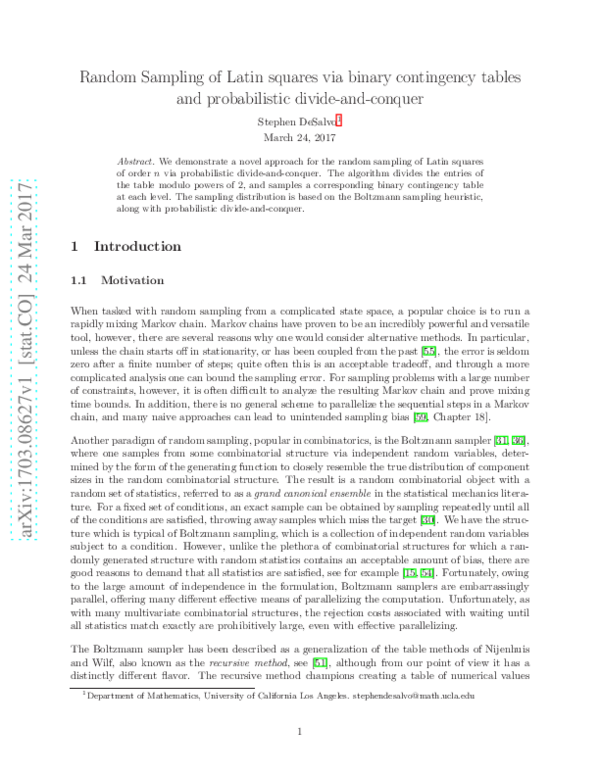 (PDF) Random sampling of Latin squares via binary contingency tables ...
