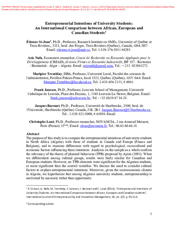 (PDF) Entrepreneurial intentions of university students: an ...