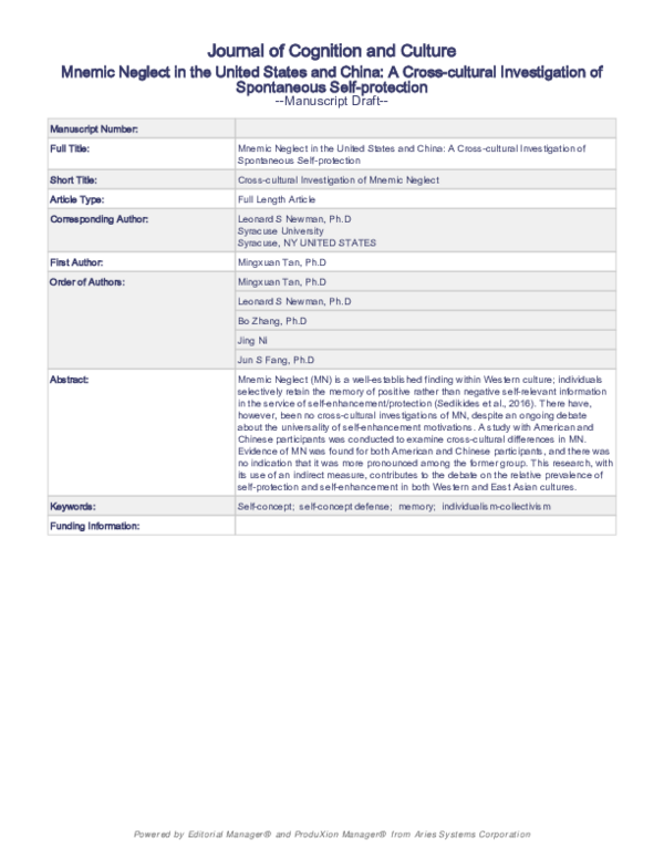 (PDF) Journal of Cognition and Culture Mnemic Neglect in the United ...