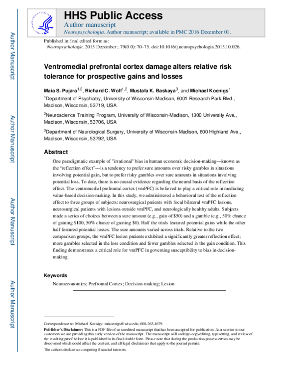 (PDF) Ventromedial prefrontal cortex damage alters relative risk ...