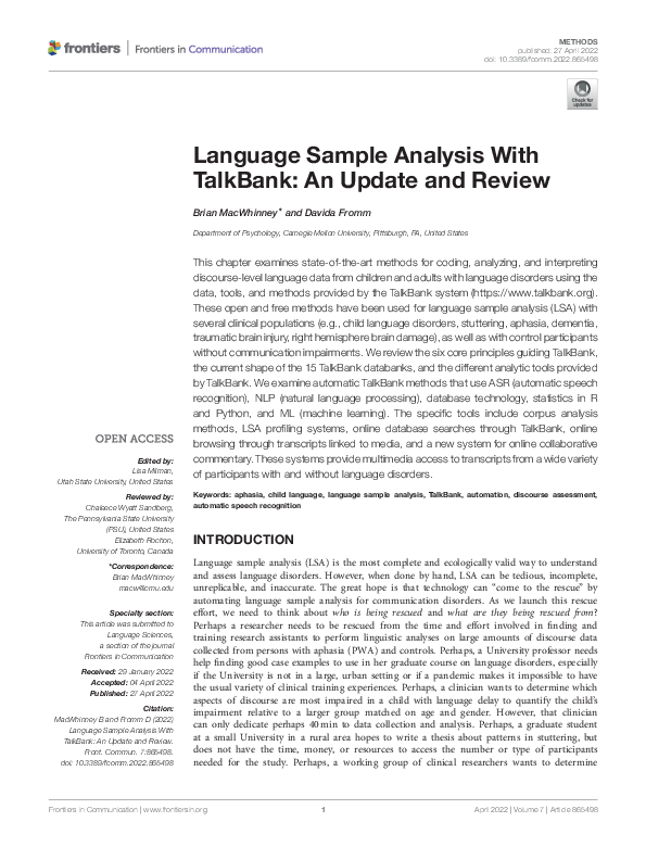 (PDF) Language Sample Analysis With TalkBank: An Update and Review